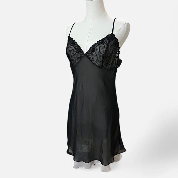 VTG 90s Vertigineux Sheer Black & White Mesh Floral Embroidered Babydoll Slip L - Picture 5 of 8